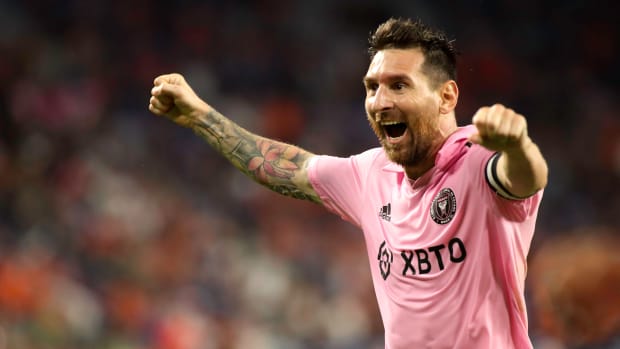Lionel Messi pictured celebrating a goal scored by Leonardo Campana (not in shot) during Inter Miami's victory over FC Cincinnati in the semi-finals of the 2023 U.S. Open Cup